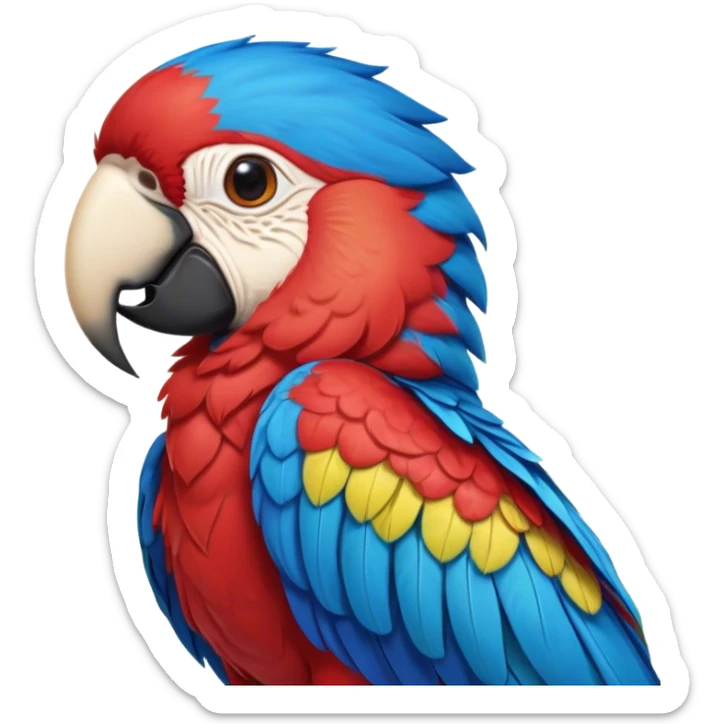 Cinematic Realistic Cute Macaw Portrait Emoji, Head tilted playfully and inquisitively, featuring a compact, lively build with intricately detailed, vivid scarlet and blue feathers and a charming, expressive face with round, sparkling eyes full of tropical wonder, rendered with realistic texture and vibrant natural hues, high shine, affectionate and spirited, styled with a touch of whimsical rainforest charm, soft glowing outline, capturing the essence of a mischievous yet lovable macaw that seems poised to flutter playfully into your arms! sticker