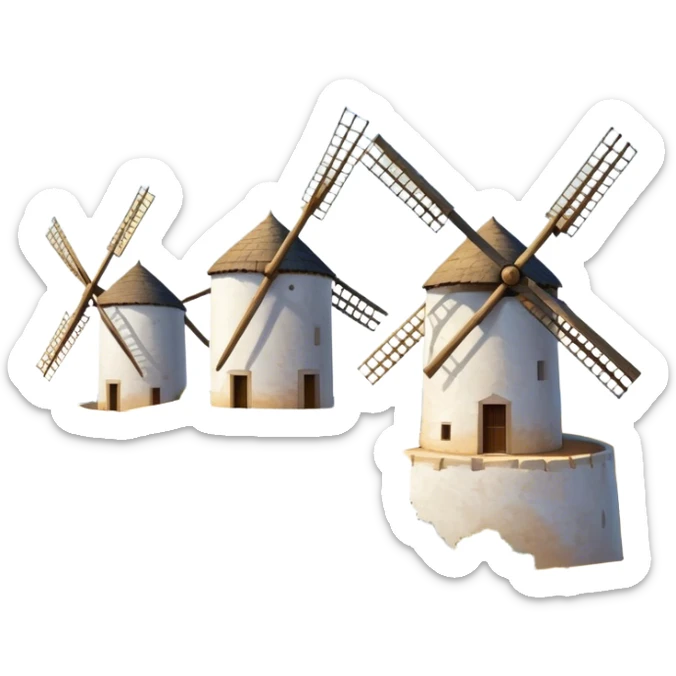 ​Cinematic Realistic Spanish Windmills (Mota del Cuervo), depicted as a cluster of gracefully aged windmills with weathered whitewashed facades and rustic wooden sails, standing proudly on a sunlit, rolling hillside of golden fields and olive groves, rendered with intricate textures and soft natural lighting that captures the timeless rural charm and historical significance of the Spanish landscape, sticker