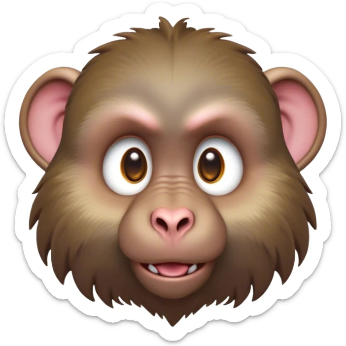 Cinematic Cute Baboon Portrait Emoji, Head tilted playfully and inquisitively, featuring a vibrant Fur of earthy browns with expressive, round, sparkling eyes filled with curiosity, Simplified yet irresistibly adorable features, highly detailed, glowing with a warm, friendly glow, high shine, affectionate and spirited, stylized with a touch of urban whimsy, bright and endearing, soft glowing outline, capturing the essence of a mischievous yet loving baboon, so playful it feels like it could leap out of the screen and into your arms! sticker