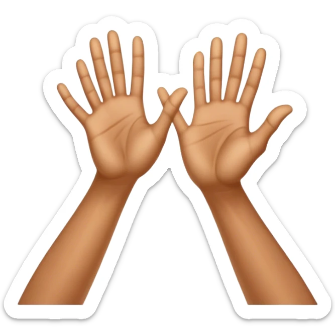 A dynamic depiction of two open hands meeting mid-air in a celebratory palm touch. The hands are angled slightly towards each other, with a subtle motion blur or impact lines to indicate movement. A small burst of energy or spark appears at contact, excitement, teamwork, or shared success. sticker