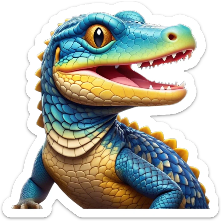 Cinematic Cute Yawning Monitor Lizard Portrait Emoji, Head tilted slightly with a dramatic, wide-open yawn, showcasing textured, patterned scales and sleepy, half-closed eyes exuding relaxed charm, Simplified yet irresistibly adorable features, highly detailed, glowing with a soft, cozy glow, high shine, relaxed yet expressive, stylized with a dash of whimsical wildness, soft glowing outline, capturing the essence of a drowsy yet affectionate reptile that appears ready to stretch out for a nap! sticker