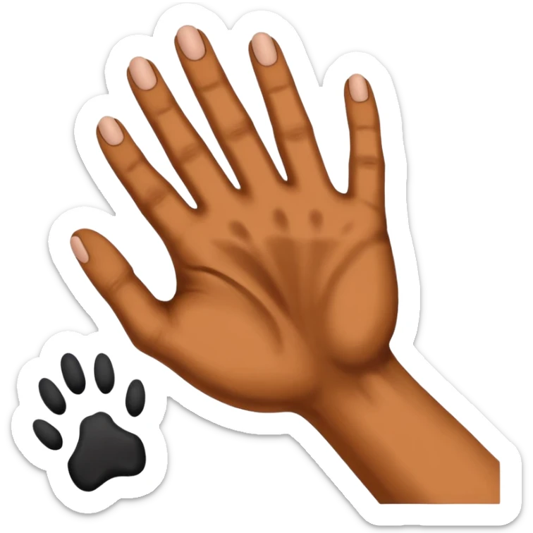 there is a drawing of a human hand gently reaching toward a dog’s paw. The dog has brown fur with black areas, and the paw is extended like it’s about to touch the person’s fingers sticker