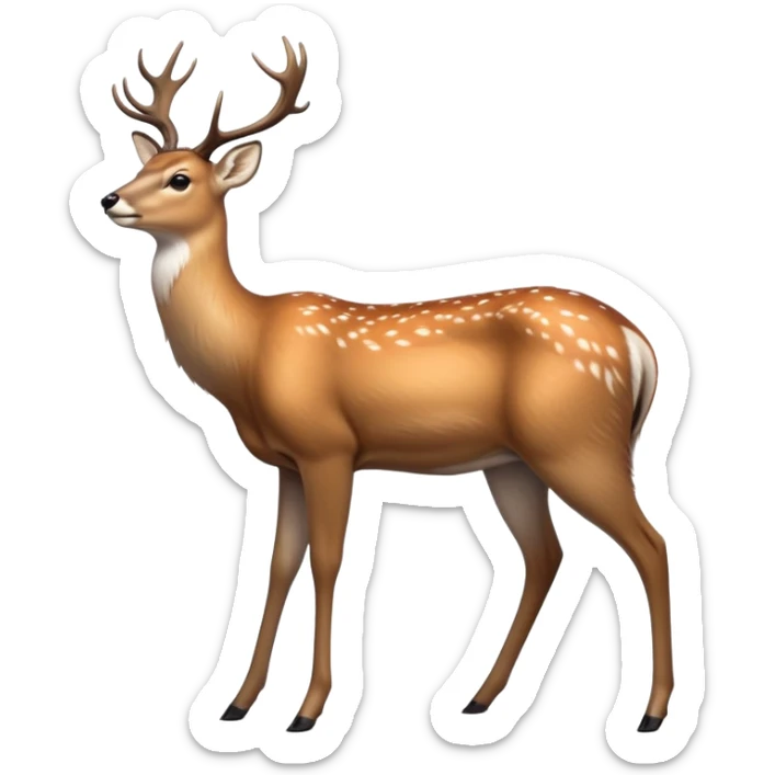 cinematic-noble [deer]-realistic-full-body-standing on all fours-emoji,-tail-tucked-close,-head-tilted-dramatically,-sleek-[fawn]-fur,-simplified-yet-realistic-focused-features,-highly-detailed,-glowing-with-an-almost-sarcastic-glow big antlers sticker