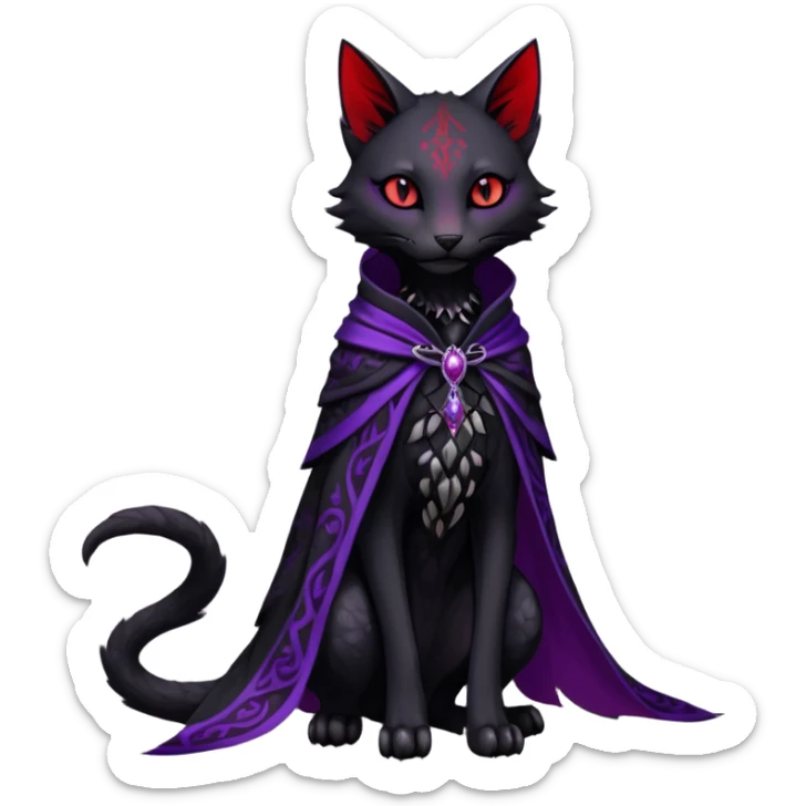 Kawaii feral, four-legged gothic dark badass black, red, purple, beautiful pretty elegant divine edgy feline-vernid-sergal-Trico-fursona-animal-creature, full body, with intricate detailed markings, silken shawl sticker