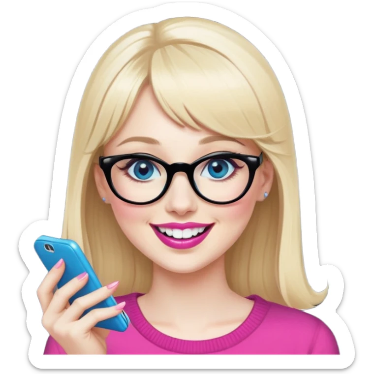 Pin up Woman with pale skin, wider face, blue eyes with eyeliner, thin eyebrows, long eyelashes, pink lipstick, blonde hair up with bangs, wearing black glasses. Laughing on a mobile phone  sticker