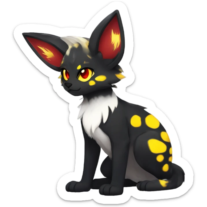 black Shiny Fionbri-Falvie-sparkle-sona with yellow eyes, red edgy markings full body fursona sticker