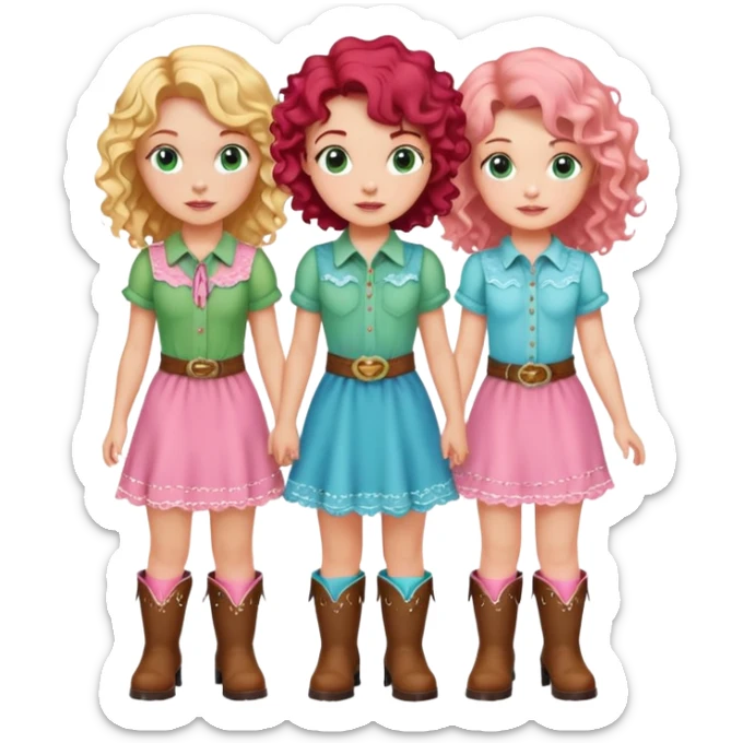 3 girls one with dark short hair in a green shirt one with curly red hair in a pink cowgirl dress and boots and one with long wavy blonde hair in a cute baby blue set sticker