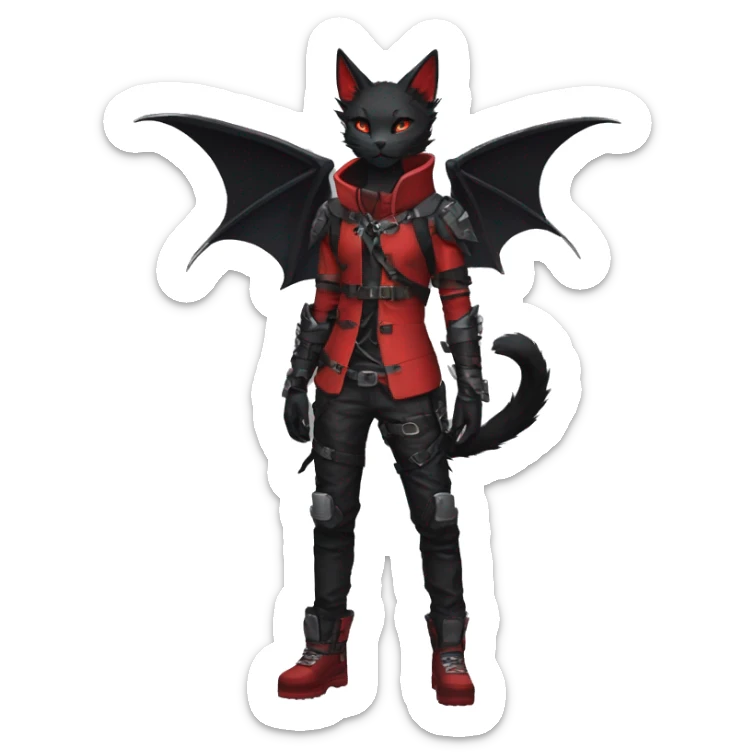 Anthro cool cute edgy elegant pretty black punk techwear red fantasy nargacuga-bat-cat-Fakemon collar harness warrior full body sticker