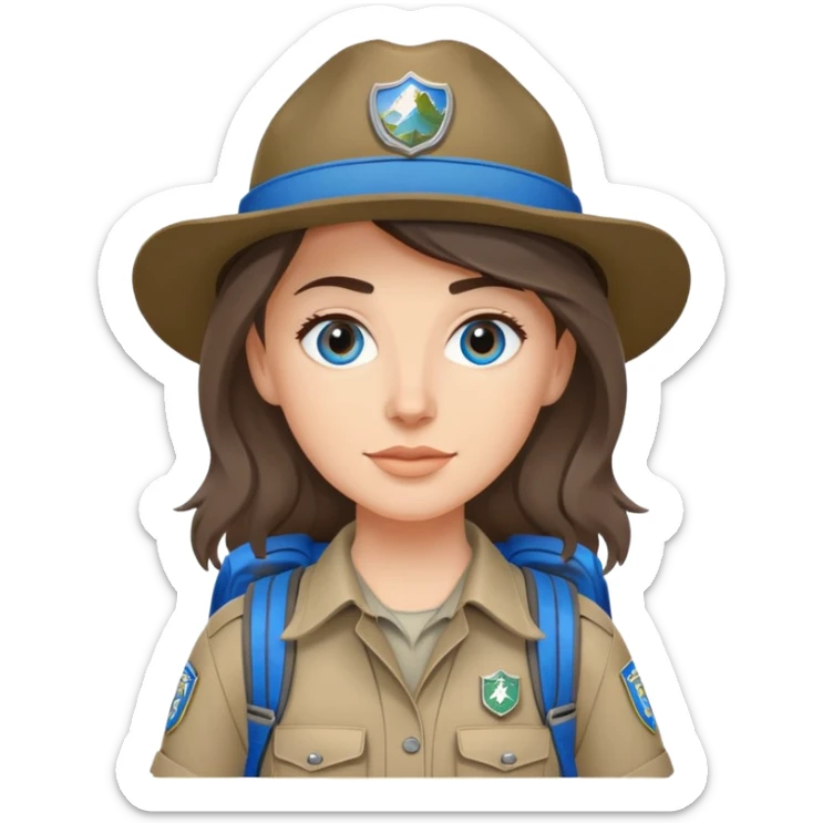 white woman park ranger with gray and brown hair, blue eyes, wearing a backpack sticker