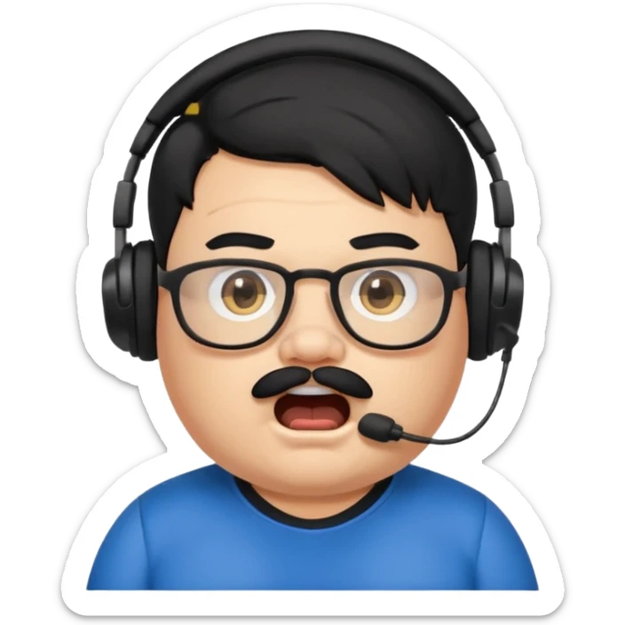 "A cartoon-style emote of a chubby streamer with black hair, mustache, and glasses, wearing a headset and a black Puma shirt. He has a shocked facial expression with wide eyes and an open mouth.

 sticker