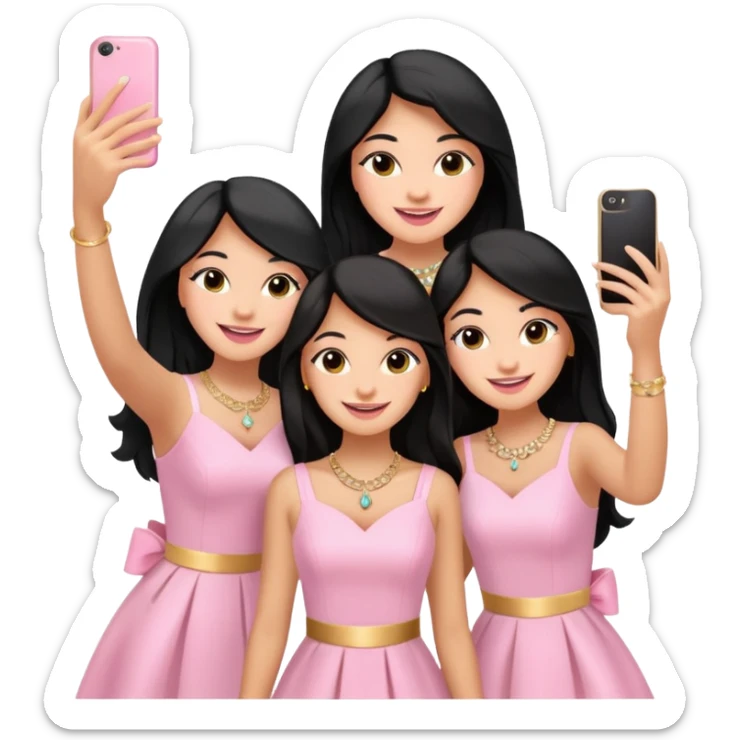 Just 3 besties with professional glammed up looks wearing pink and white, all medium skin tone smiling big with black long hair. Very girly wearing simple jewelry, taking a selfie  sticker