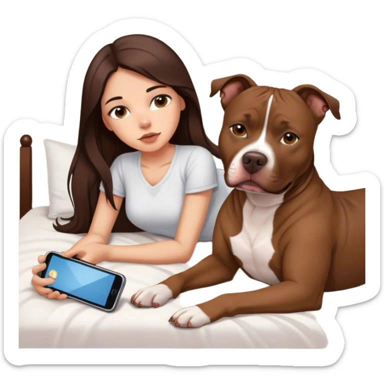 Girl long dark brown hair lays on her bed with her cell phone and her brown pit bull lays guarding her sticker