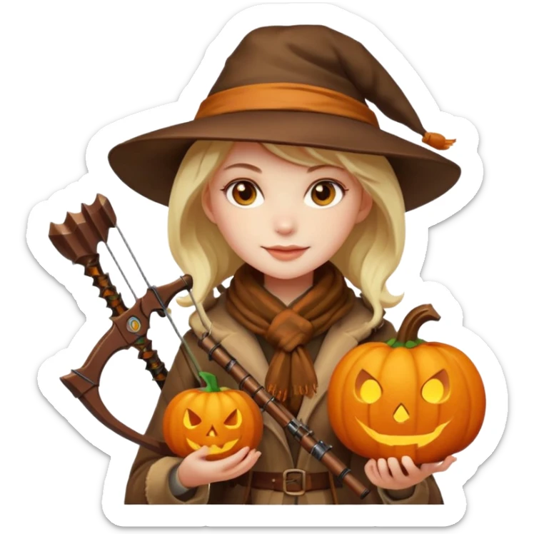 female human monster hunter emoji, wearing brown coat and hat, holding crossbow, soft smile, scarf, glowing pumpkin by her side, Halloween fantasy style, clean vector Apple emoji look, bright colors, white background, square sticker