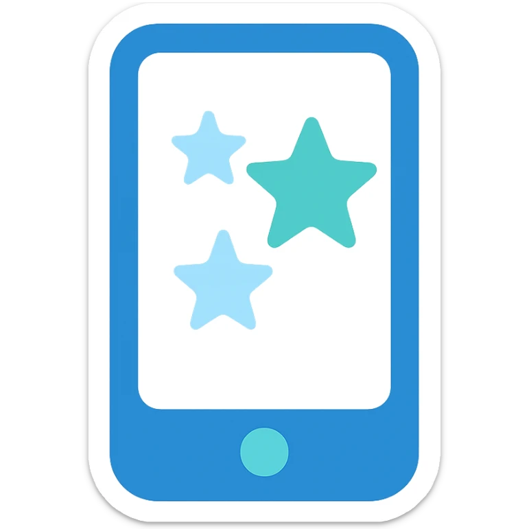 Smartphone icon with three stars, flat emoji style, outline with blue and turquoise colors, screen filled solid white sticker