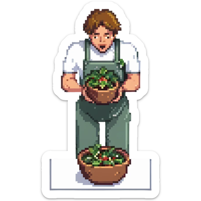 Man with food flying out of his mouth, spitting salad leaves sticker