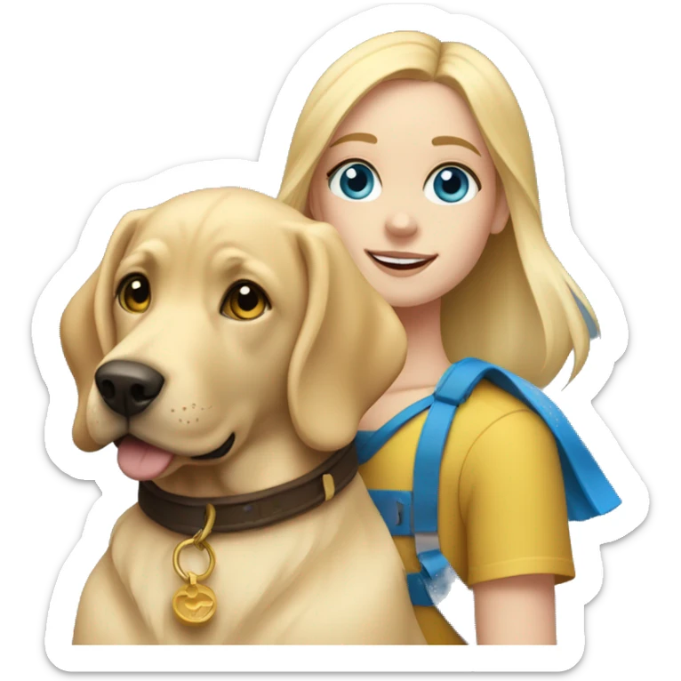 Blonde girl with blue eyes holding a golden Labrador with a blue collar sticker