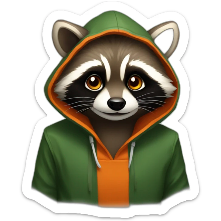 brown raccoon with orange eyes and a dark green hood that is smiling sticker