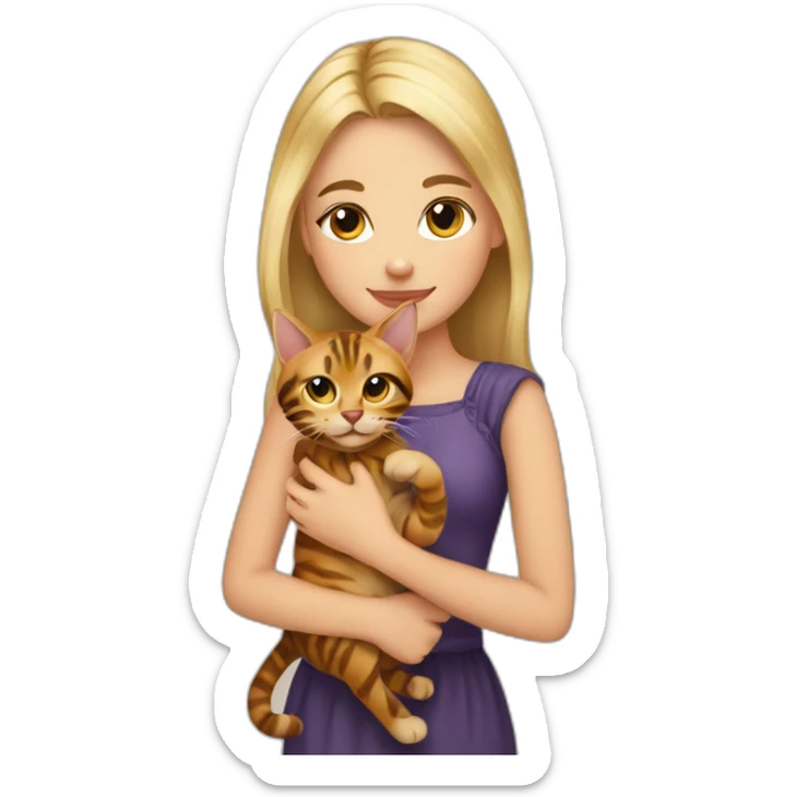 beautiful blonde girl holding a cat of bengal origin in her arms sticker
