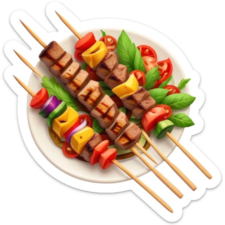 Cinematic Realistic Shish Kebab Dish Emoji, showcasing skewered, grilled meat with vibrant vegetables rendered with dynamic textures and warm, inviting lighting. sticker