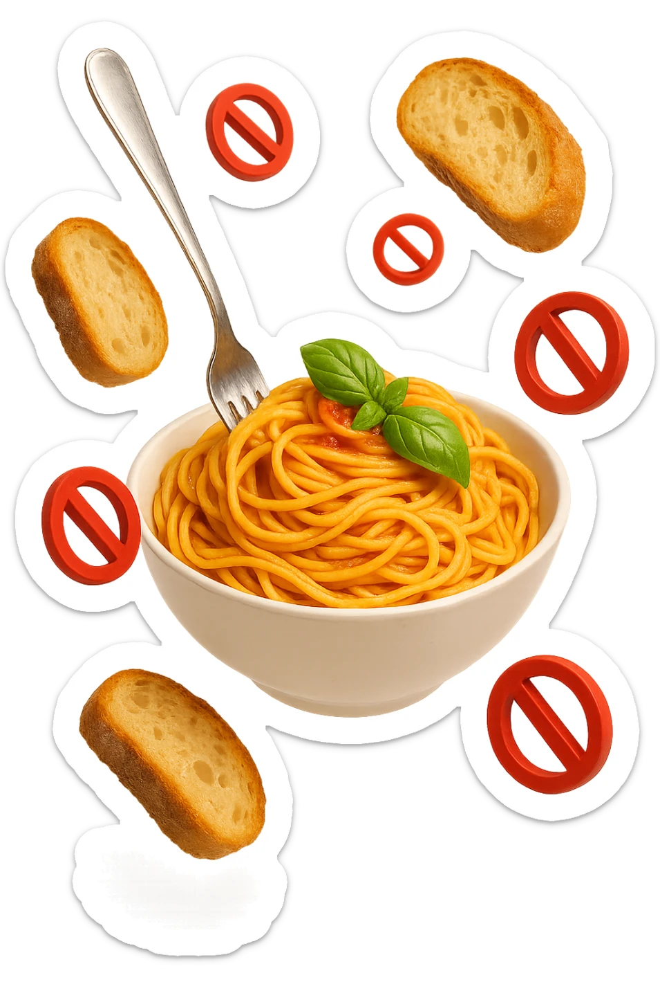 bowl di pasta e fettine di pane che fluttuano in aria con piccoli divieti 3d, sfondo bianco, iperrealistico 4k sticker