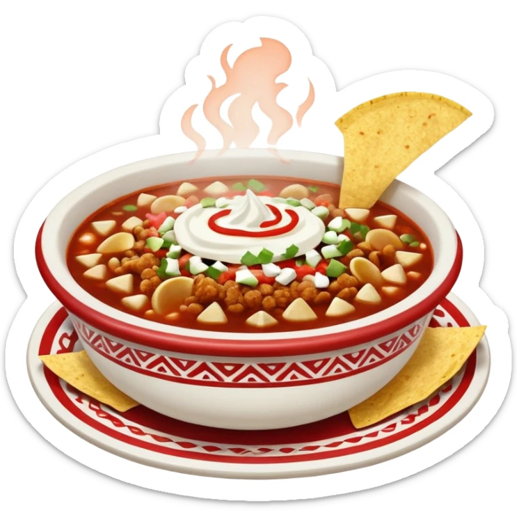 a hot bowl of pozole with a side of tostada with sour cream and red salsa sticker