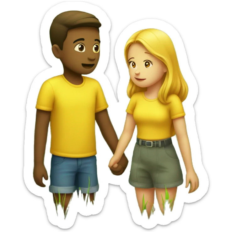 two bright yellow emojis of a boy and a girl holding hands on a lush green grass field. The girl is looking away, as if she is about to leave. The boy is looking at her with a sad expression, as if he doesn't want her to go. sticker