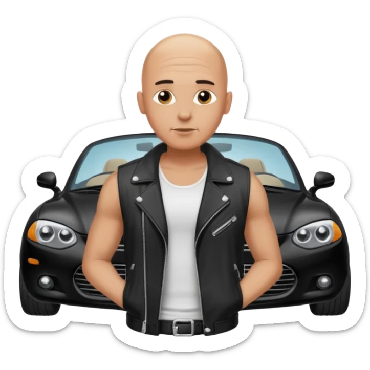 bald man emoji wearing a white tank top and black jacket with a black car in the background sticker