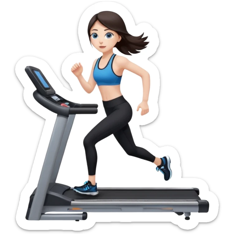 A girl with fair skin and a caring blush. Her eyes are big, expressive, blue. Her hair is long, straight, dark brown.

running on a treadmill, she is wearing black leggings and a black sports bra sticker