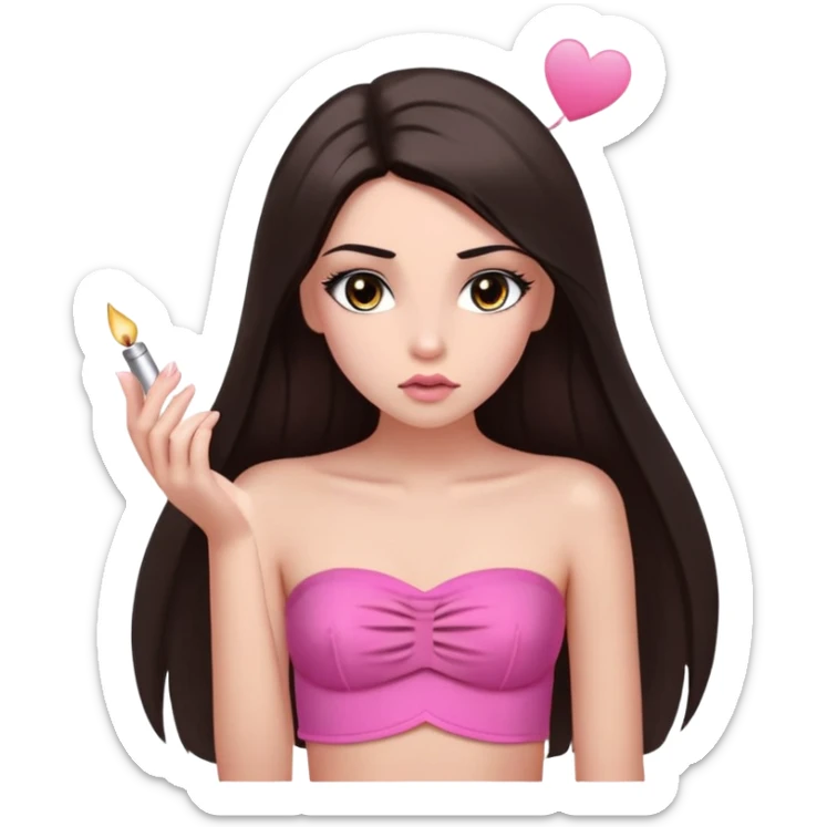 girl with lighter skin, dark brown long straight hair falling in front of her body, pouty shiny lips without cupid's bow, shiny large eyes with long eyelashes, lighter button nose, very long oval-shaped face, wearing a pink bandeau top with straight neckline, looking directly at camera with hands down at sides sticker