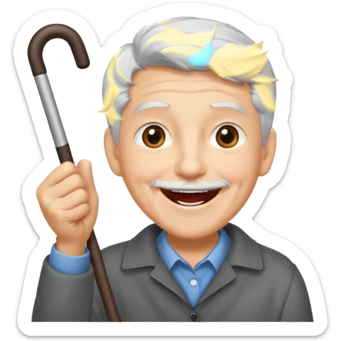 A grey-haired fan with cane in hand, cheering loudly with youthful spirit. sticker