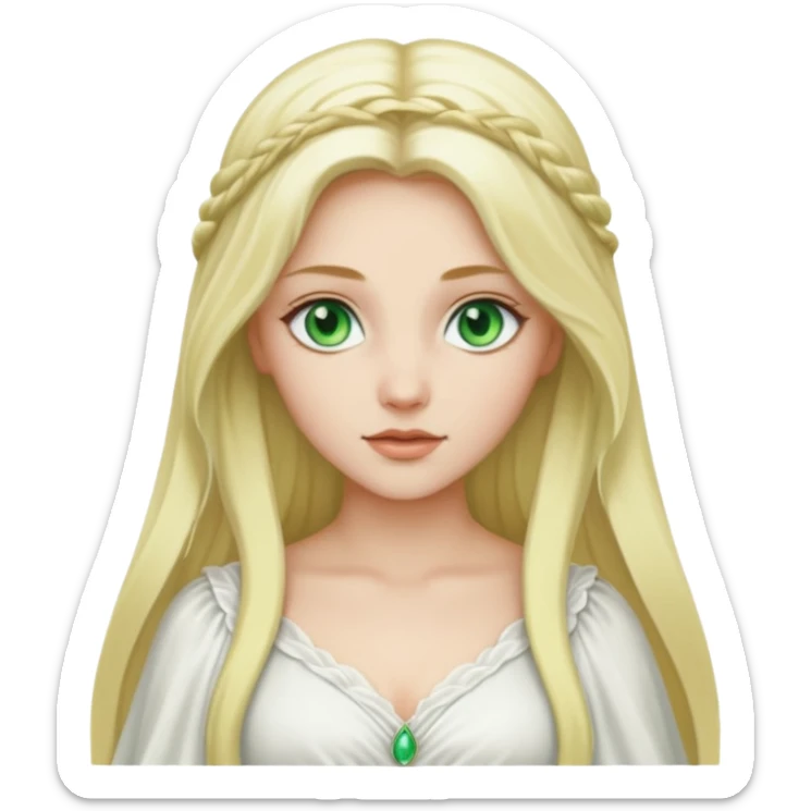 Desdemona from Otello with white skin, green eyes, long blonde hair, white outfit sticker