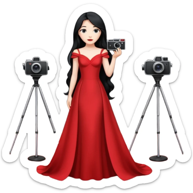 an actress standing on a red carpet with a formal dress, with only one film camera next to her. sticker