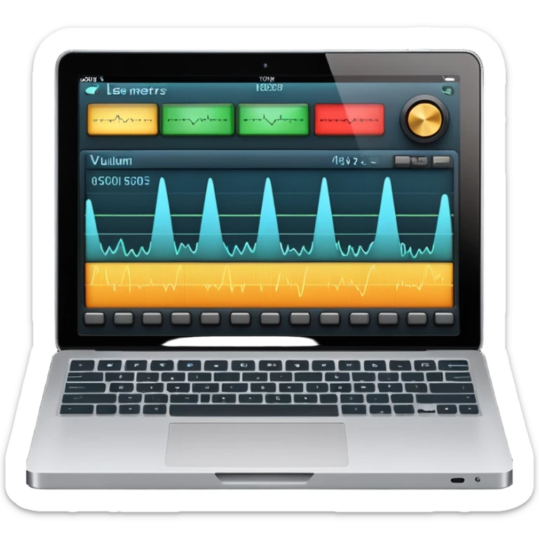 Close-up shot of a laptop screen clearly visible, showing a professional audio mixing interface focused on voice editing: audio level meters (VU meters) moving, voice waveform, volume faders, EQ panel, compressor, limiter, noise reduction, de-esser, gain controls sticker