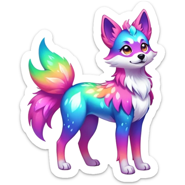 Vibrant multicolored neon-colored Falvie-Fionbri-creature-sparkle-dog-fursona, full body sticker