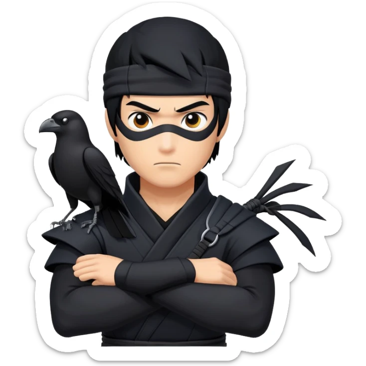 clash-of-clans-aesthetic_-cinematic-mysterious-male-ninja-portrait-emoji, rendered in a flat, vector-style with minimal shading and bold, simplified shapes, with a head slightly turned revealing intense, focused eyes. the ninja has his arm out and perched on top of his forearm is  a  giant black crow sticker