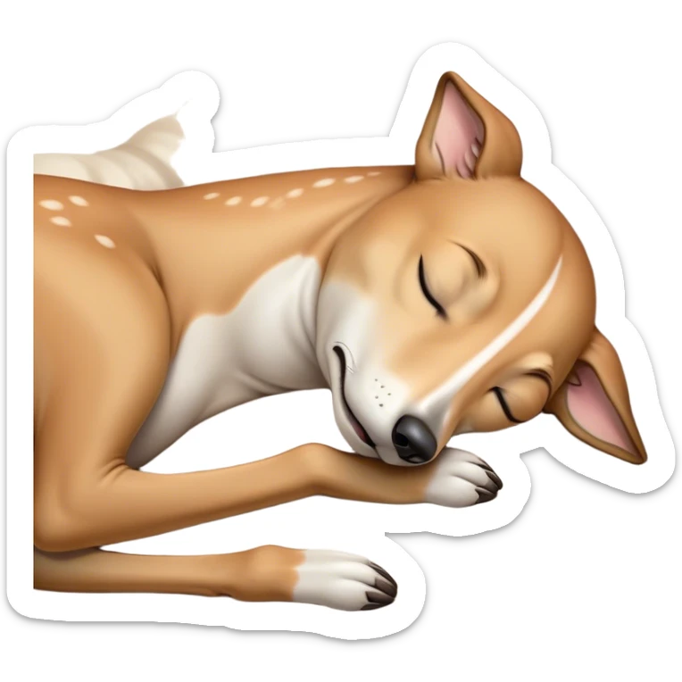 Meme-Worthy Cute Sleeping Fawn Greyhound Portrait Emoji, Head resting peacefully with a contented smile, showcasing a slender build and a luxuriously smooth fawn Fur, eyes shut in a serene nap, Simplified yet hilariously adorable features, highly detailed, glowing with a soft, drowsy light, high shine, relaxed and utterly lovable, stylized with an air of playful laziness, bright and heartwarming, soft glowing outline, capturing the essence of a comically sleepy racer, so meme-worthy it feels like it could instantly become the next viral sensation of adorable slumber! sticker
