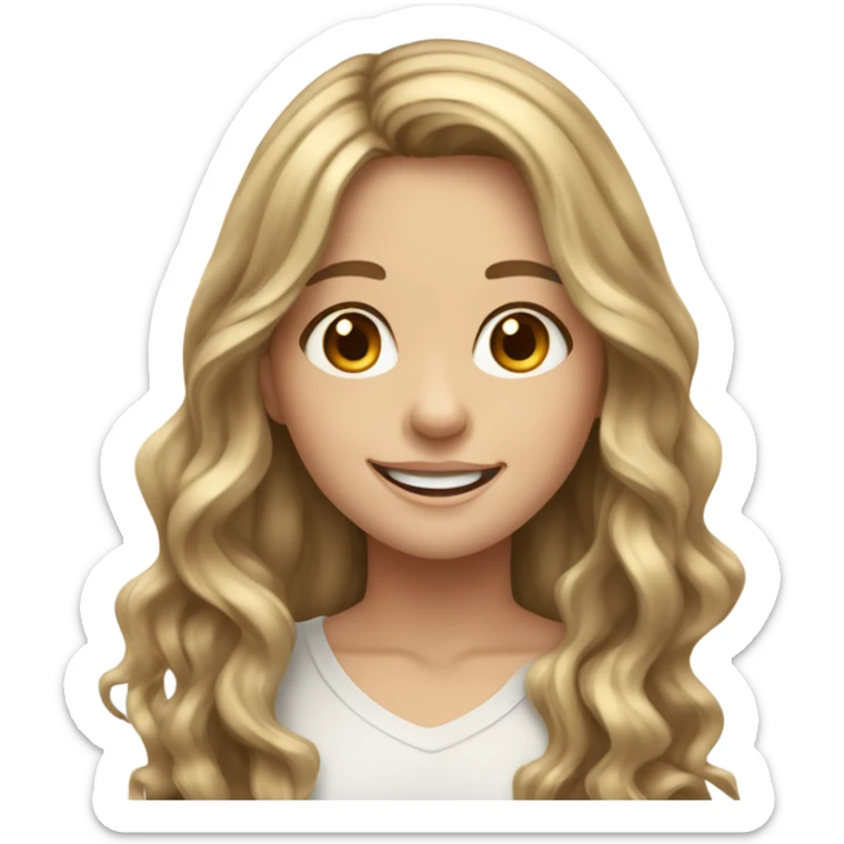 a young white girl with long wavy brown hair with blonde highlights, brown eyes smiling sticker
