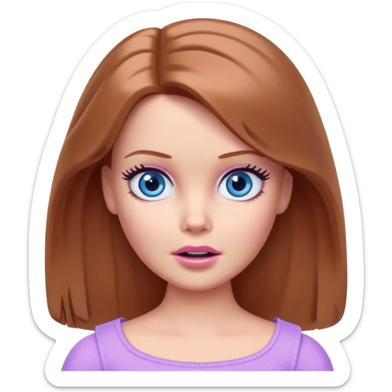 Barbie girl Chestnut Shoulder-length hair and blue eyes is In pale purple clothes a Feels terrified sticker