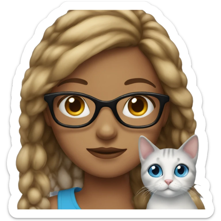 girl with blue eyes, glasses and cats sticker
