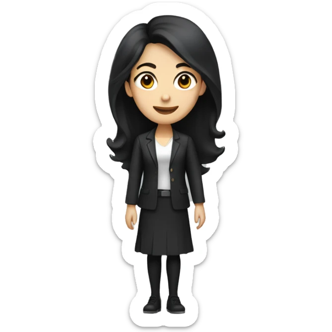 female Teacher with black hair and white skin and black shirt with long hair and brown eyes sticker