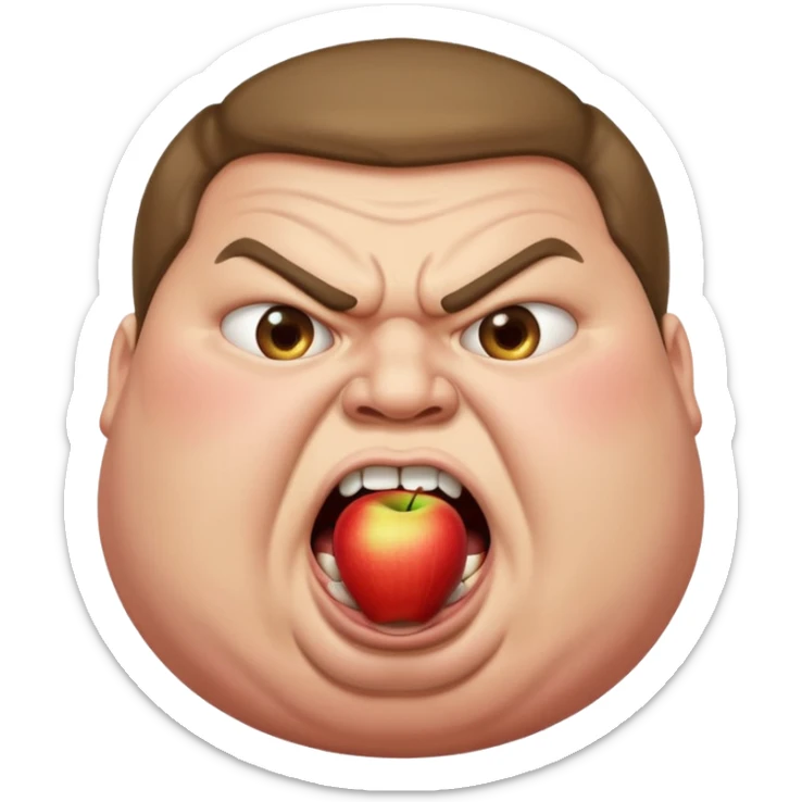 obese man mouth wide open as if shouting, bulging eyes, angry, with 'PRONOUNS' at the top, Apple emoji style sticker