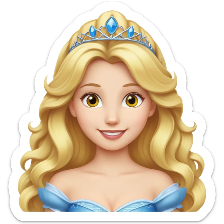A girl with big blond hair and yellow eyes, wearing a Disney princess costume, smiling sticker