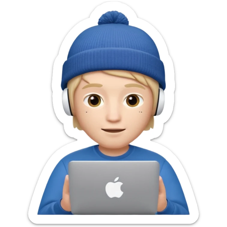 Apple Memoji–style 3D avatar of a young male with a beanie and AirPods, using a laptop, soft lighting, white background. sticker