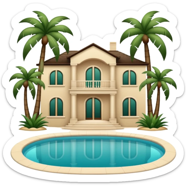 light beige luxury villa with dark green palm trees and swimming pool, emoji style sticker