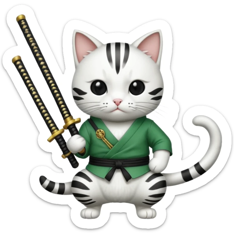 un gato blanco con reeferencia a roroa zoro "una espada en cada mano y una en la boca sticker