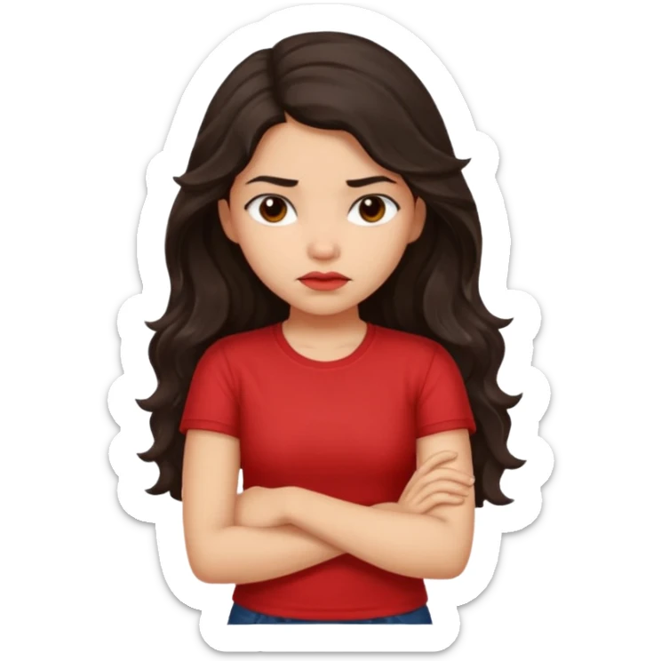 Hispanic girl with long dark wavy hair crossing her arms and slightly pouting sticker