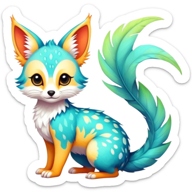 Feral Rare Fantasy vibrant colorful tropical cute, kawaii, cool, ed Vernid-Trico-species by LiLaiRa, random markings, tufted tail, tufted ears, full body, cheek markings sticker