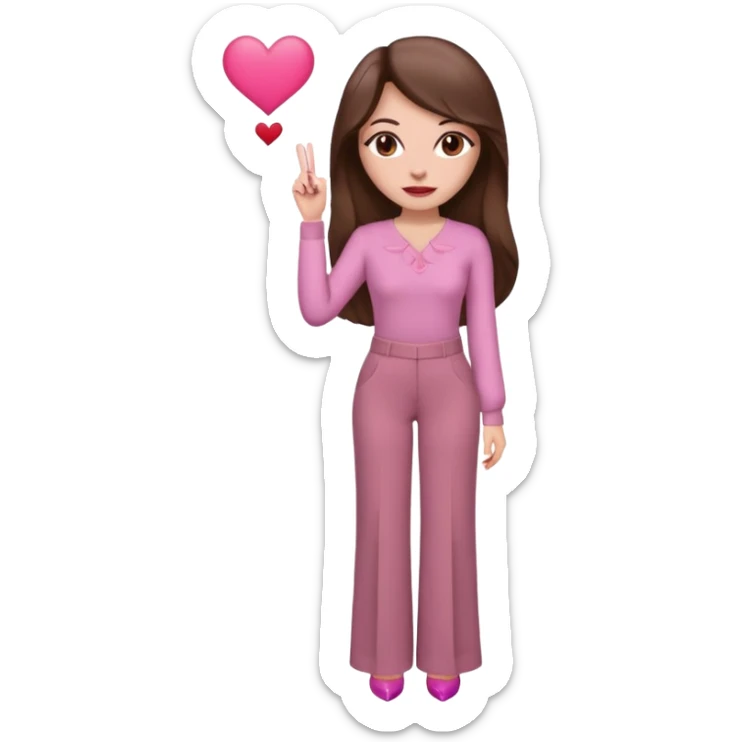  emoji, inspired with brunette hair, brown eyes, long hair, heart shape lips and pink make up  and pink nails, mauve pink blush and brown wide leg pants, burgundy shoulder drop shirt, brown heels , princess hair, brown heels  sticker