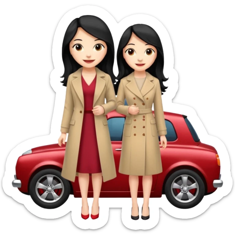 A fast, expensive black car with a young woman beside it The young woman has long black hair, wears a beige formal coat, and underneath is a cherry-colored dress.   sticker