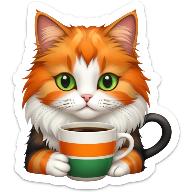 tricolor fluffy cat with big green eyes drinking a cup of coffee sticker